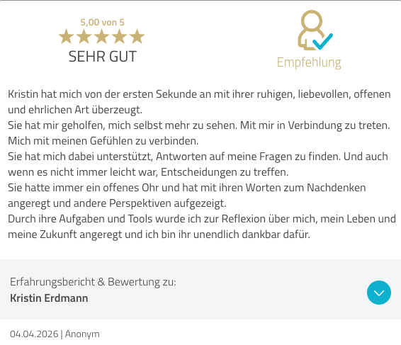 Bewertung vom 4. April 2026 — Kristin hat mich von der ersten Sekunde an mit ihrer ruhigen, liebevollen, offenen und ehrlichen Art überzeugt.