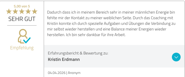 Bewertung vom 4. April 2026 über die wiederhergestellte Verbindung zu sich selbst durch Kristins Aufgaben und Übungen.